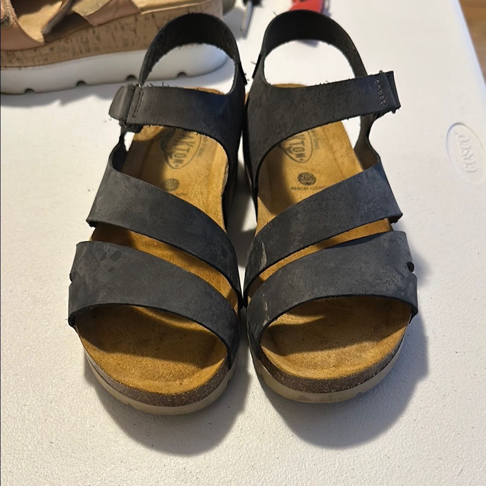 Blue open-toe sandals with multiple straps and a sturdy sole